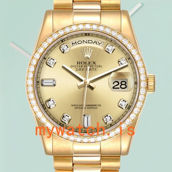 Rolex Day-Date M118348-0042 36mm Mens Gold-tone Diamond Bezel: Genuine vs. Replica